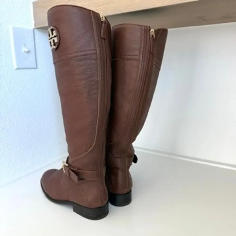 TORY BURCH Riding Boots Brown Leather Zip‎ Knee High Logo Buckle Women 7M